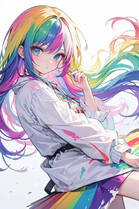 2D, ((high quality)), ((masterpiece)), anime girl with long rainbow-colored hair, white clothes with paint stains (colorful), 