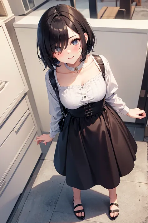 from above,full body shot,Pouty Mouth,Setting diagram,hair over one eye,short wave hair,(Highest quality, masterpiece), One girl ,View your viewers, smile,  blush