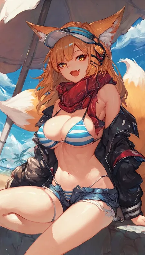 score_9, score_8_superior, score_7_superior, score_6_superior,a cartoon girl in beach top and denim shorts sitting by the ocean with head down, swimsuit, 1girl, bikini, animal ears, tail, solo, shorts, outdoors, breasts, navel, jacket, smile, looking at vi...