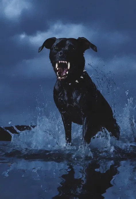 giant angry black dog in water at night, blue background