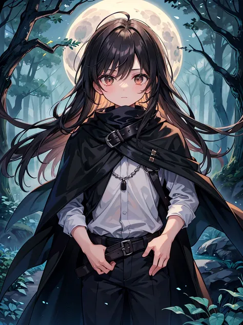 A young 10-year-old boy. He has warm brown eyes. His hair is a pitch black. He sports a flowing black cloak. The moonlight brightens the dark forest around him. His face is masculine 