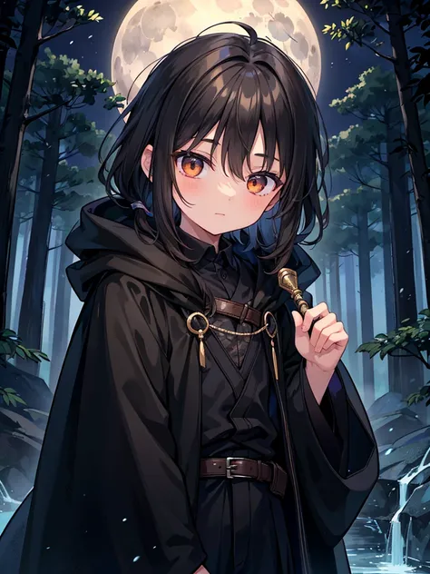 A young 10-year-old boy. He has warm brown eyes. His hair is a pitch black. He sports a flowing black cloak. The moonlight brightens the dark forest around him. His face is masculine 