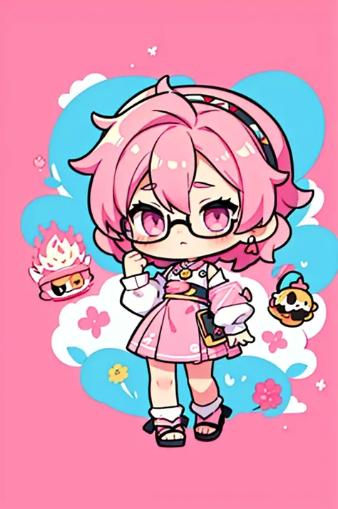 1 person , man ,Short haircut ,cartoon girl with pink hair and glasses wearing a crown, ((pink)), Official fan art, The delicate androgynous prince, anime moe art style, cute art style, Chibi style, 🍁 cute, Kawaii Chibi, ❤🔥🍄🌪, Chibi Art, Fan Art Demon Slay...