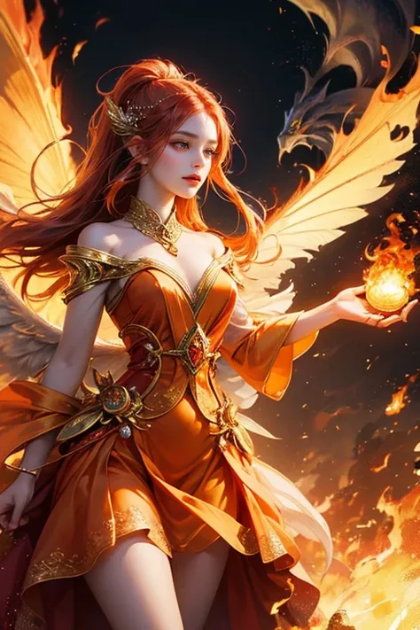 "Craft a mesmerizing digital artwork portraying an exquisite female fairy adorned with magnificent, blazing wings that flicker with the intensity of flames. Illuminate her surroundings with fiery hues and swirling infernos, illustrating her affinity for th...