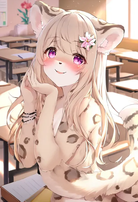 Snow Leopard Girl,Pink Eyes,Yellow long hair,Beige leopard ears,Beige leopard tail,Black leopard print,Beige leopard fur,,,Flower Hairpin,Beaded Bracelets,classroom,morning,White sunlight,View your viewers,smile,Excited face,Apply blush all over the face,w...