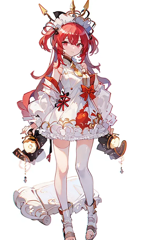 a girl，whole body，standing picture，character design，red hair，apple，complex headdress，complex clothes