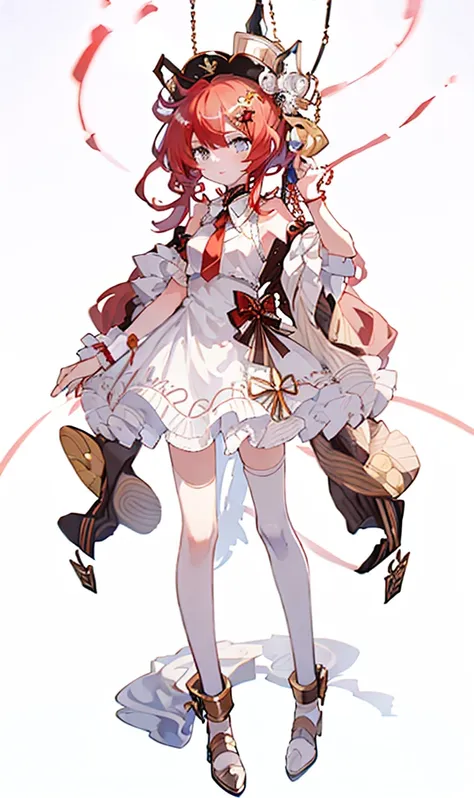 a girl，whole body，standing picture，character design，red hair，apple，complex headdress，complex clothes