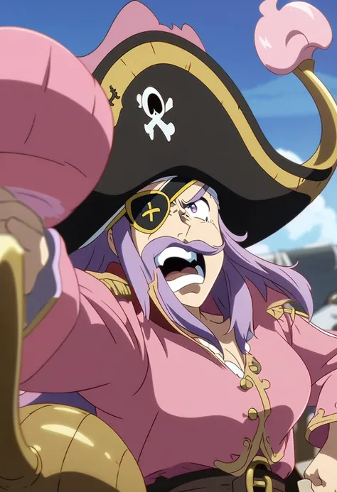 a pirate wearing pink love-shape eye patch, big-high pirate hat, pink-lilac pirate jacket, hook-hand, long mustache, pointing sword to the sky, shouting, angry expression, anime art, digital anime character, fine digital art