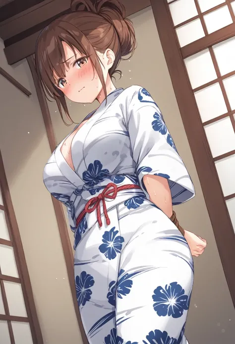 Cute little beautiful girl、、naked、(Blushing and sweating:1.5)、Embarrassed、Brown skin、A wet yukata、Beautiful breasts,Tied up hair、From below