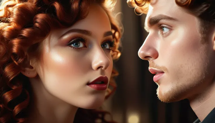 beautiful detailed eyes, beautiful detailed lips, extremely detailed eyes and face, long eyelashes, 1 girl, 1 boy, redhead girl, black curly hair boy, gazing into each others eyes, intimate moment, dramatic lighting, cinematic, warm color palette, dramatic...