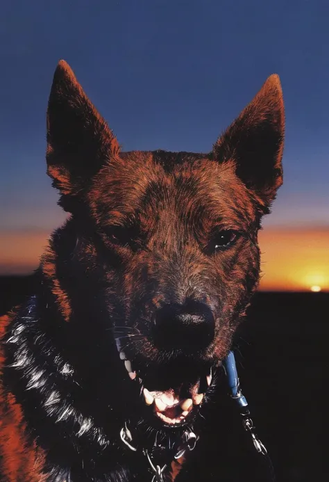 dog with big muzzles at head in front of sunset