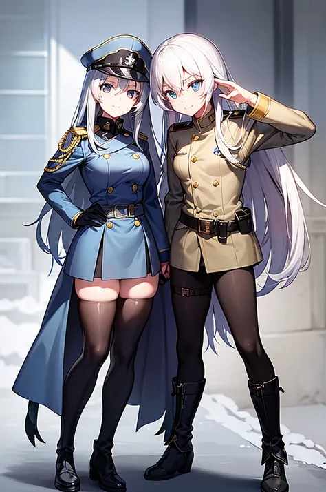 Content: An anime woman in a military uniform with a sword visible in a scabbard. She wears a hat inspired by WW2 German military generals and her design is loosely based on Erika Itsumi from Girls und Panzer. She has light blue eyes, white hair that ends ...