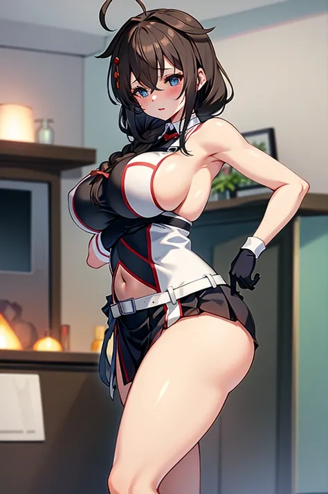 Big breasts Overly large breasts Huge breasts Exposed nipples Quite large breasts Huge breasts Big breasts Blushing Shigure Kai 3 KanColle Sleeveless Black Thimble Gloves Black Skirt Braid 8K High Resolution Very Fine Eyes Very Fine Face、Insanely detailed ...