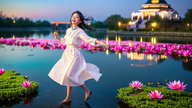 create a charming image captures a beautiful girl , in pristine traditional attire, joyfully dancing to rock and roll music, his face beaming with happiness. The scene is depicted on a smartphone screen in vivid 4D, showcasing a serene river and vibrant re...