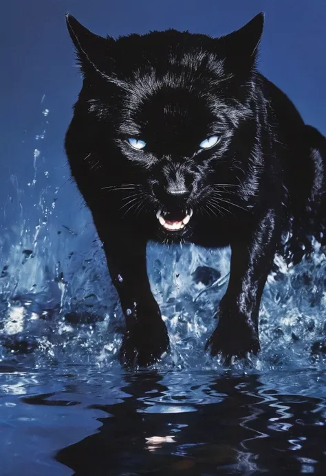 giant angry black cat in water at night, blue background