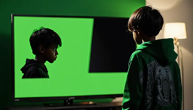 Mysterious dark boy back side watching green screen in TV background too dark side view 