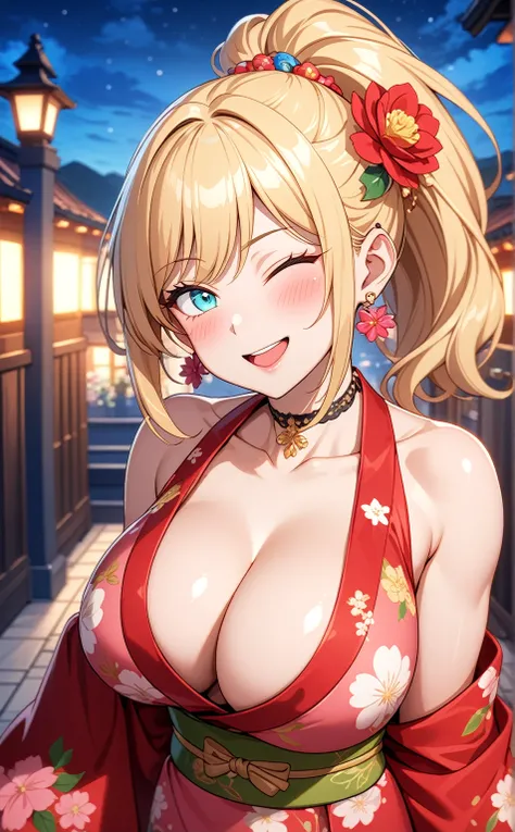 One personの女性)), Beautiful Face,Laughing embarrassedly,((Wink:2.2)),Laugh with your mouth wide open,((Bright red cheeks:1.4)),Glossy pink lips,night,rooftop,Festive decorations,You can see the ocean, firework,Glossy pink lips,Lighting on the face,((Anime s...