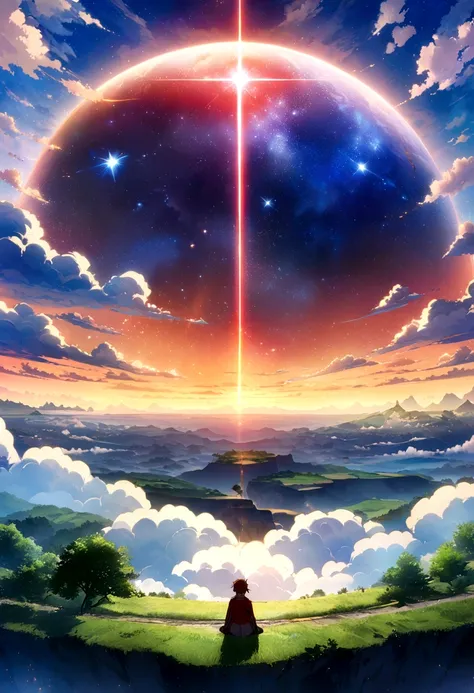 anime - style scene of a beautiful sky are red with heavenly cloud . Sky are scattered. with a star and a planet, cosmic skies are reddish crimson theme and world seems big . With boy sitting in a high cliffs in daylight and he seems not big.boy sitting in...