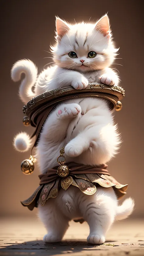 masterpiece、highest quality、super detailed、(Chibi Chara White Cat:1.2),realistic cat,Detail coat,wizard ,Royal Hall,laughter,full body standing,