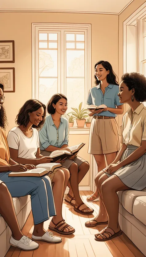 Simple line drawing of a diverse group of people of various ethnicities and ages, dressed casually in shorts, skirts, and pants, in a domestic setting, involved in a Bible study meeting, with subtle line details for added depth, warm color temperature, rel...