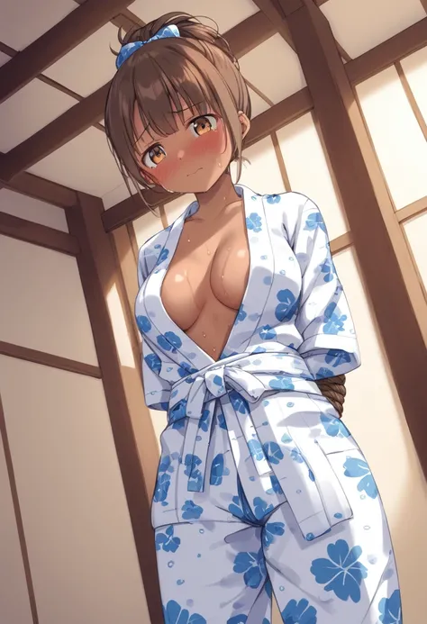 Cute little beautiful girl、、naked、(Blushing and sweating:1.5)、Embarrassed、Brown skin、A short, open yukata、Beautiful breasts,Tied up hair、From below