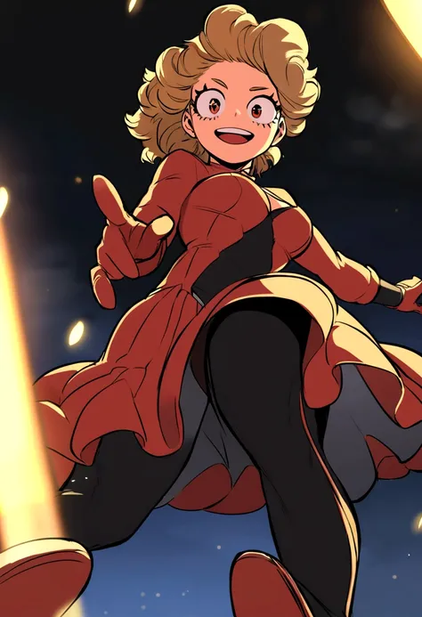 Captura de pantalla de My Hero Academia. Chica de ojos rasgados color miel, brown hair with blonde highlights, con un vestido rojo escotado, tight and short with black knee-high boots with a cheerful expression, recargada sobre un auto deportivo negro y de...