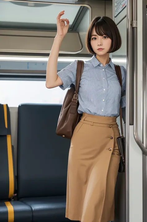 1woman, idol, bob cut, short hair, brown hair, camisole、Culottes skirt、 train, inside a train, grab a strap, 20s, office lady, carrying a backpack,