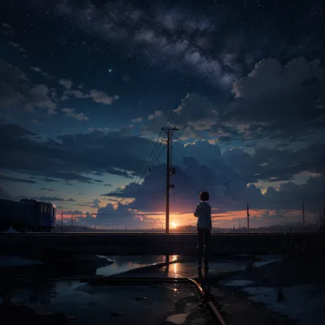 High quality masterpiece ，landscape，Animated train passing through water on the tracks， Shining starry sky。Romantic Train，irritating，Concept Art，Lofi Art style，Reflective plate。 by Makoto Shinkai, Lofi Art, Beautiful anime scene, アニメのlandscape, 詳細なlandscap...