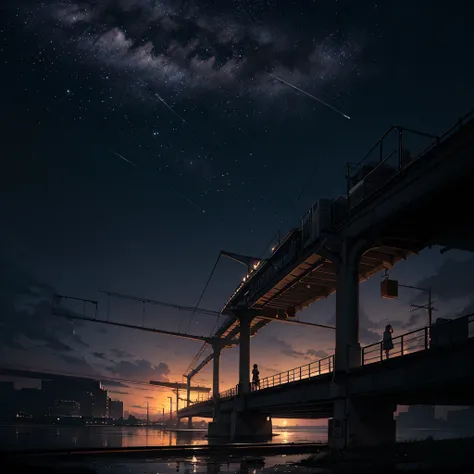 High quality masterpiece ，landscape，Animated train passing through water on the tracks， Shining starry sky。Romantic Train，irritating，Concept Art，Lofi Art style，Reflective plate。 by Makoto Shinkai, Lofi Art, Beautiful anime scene, アニメのlandscape, 詳細なlandscap...