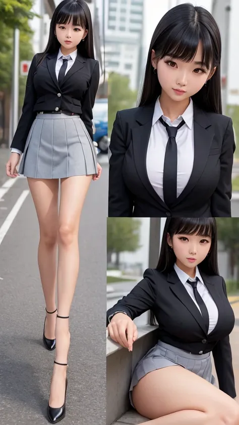 ((high quality)), ((Pole Top)), (Detailed face), (highlight),　Asian Girl、Big breasts、thigh、Black Hair、Heavy bangs、high school girl、skirt、blazer、