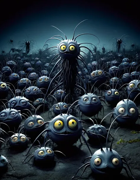 A nightmare dream, with fantastic animals, gatos, peces, insectos, escarabajos y luciernagas, con el estilo de Tim Burton y el surrealismo.