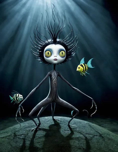 A nightmare dream, with fantastic animals, gatos, peces, insectos, escarabajos y luciernagas, con el estilo de Tim Burton y el surrealismo.