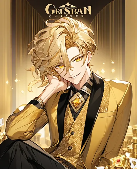  (Blonde_hair), (Golden_crystal_eyes), (detailed_eyes), (warm_smile), (attractive), (background_lounge), (male), (detailed_Hair), (detailed), wears a 19s type of fashion clothes, and he is a gambler who exudes confidence and wit 