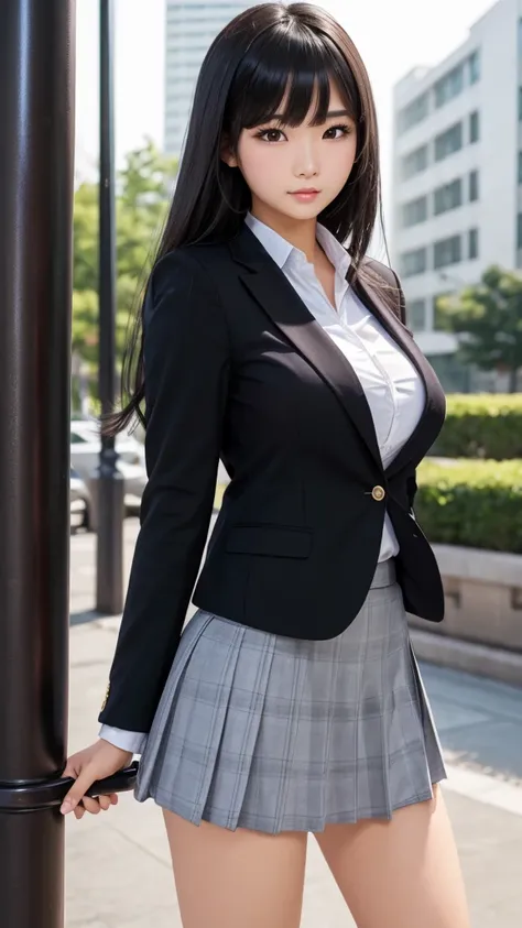 ((high quality)), ((Pole Top)), (Detailed face), (highlight),　Asian Girl、Big breasts、thigh、Black Hair、Heavy bangs、high school girl、skirt、blazer、