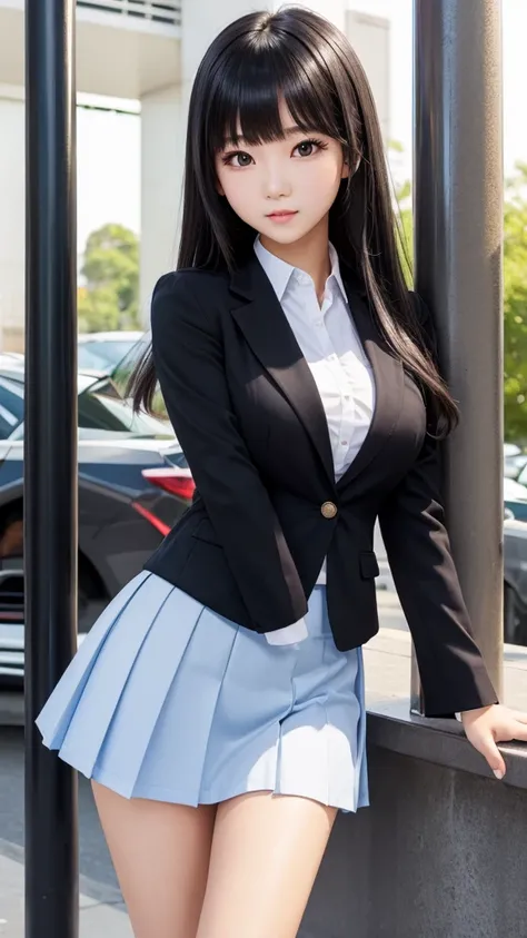 ((high quality)), ((Pole Top)), (Detailed face), (highlight),　Asian Girl、Big breasts、thigh、Black Hair、Heavy bangs、high school girl、skirt、blazer、