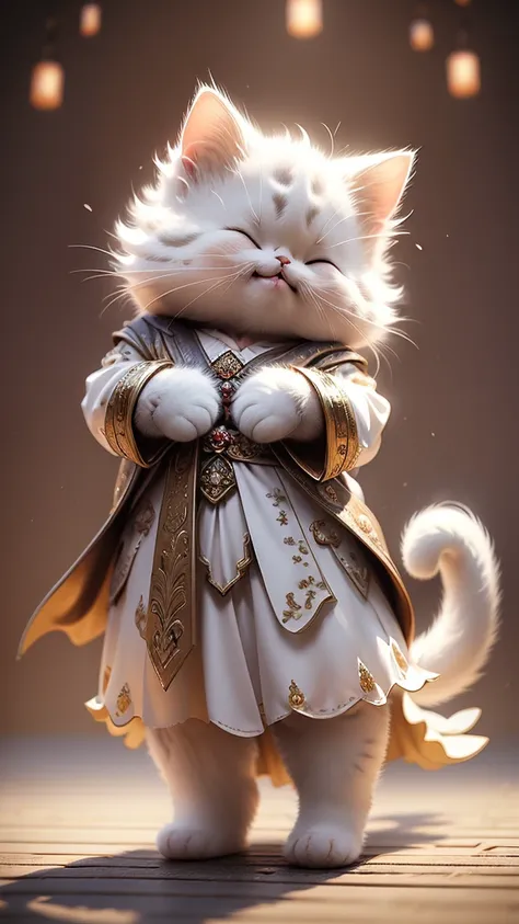 masterpiece、highest quality、super detailed、(Chibi Chara White Cat:1.2),realistic cat,Detail coat,wizard ,Royal Hall,laughter,full body standing,