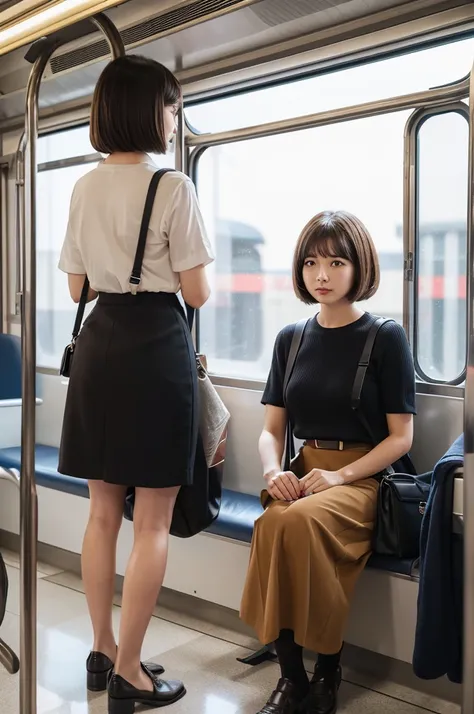 1woman, idol, bob cut, short hair, brown hair, camisole、Culottes skirt、 train, inside a train, grab a strap, 20s, office lady, carrying a backpack,