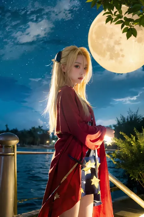 yami , star night, stars , night , outside, moon, full moon, blonde_hair, red eyes