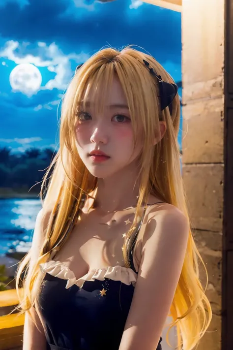 yami , star night, stars , night , outside, moon, full moon, blonde_hair, red eyes