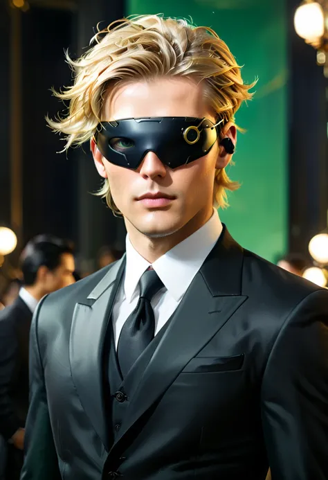 Arafed a picture of a human male spy, wearing dark suit, wearing ((mecha eyepatch)), ((eyepatch covering only one eye: 1.5))exquisite beautiful male, blond hair, short crop hair, green eyes, eye patch has intricate mechanical part in it, high society gala ...