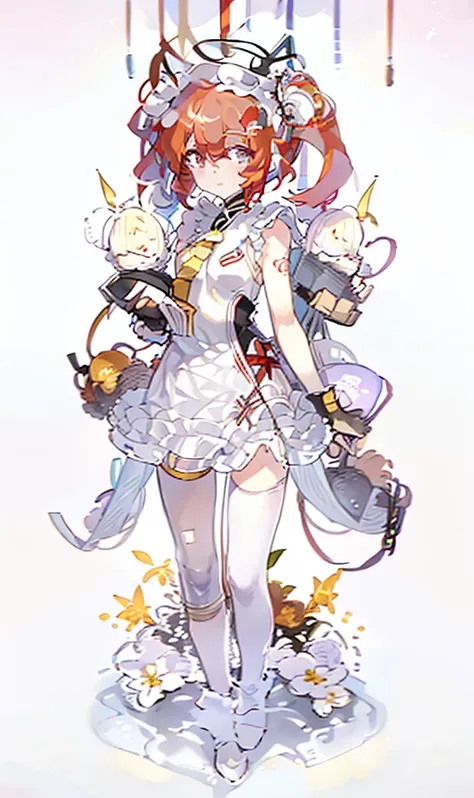 A girl，whole body，Standing picture，Character Design，Red Hair，apple，Complex headdress，Complex clothes