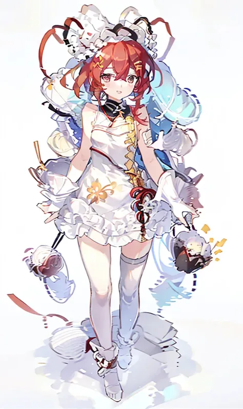 A girl，whole body，Standing picture，Character Design，Red Hair，apple，Complex headdress，Complex clothes