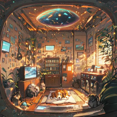 ((anime:1.4,illustration)),(masterpiece, top quality, best quality),(ultra-detailed, absolutely resolution),((16k, high res)),

(((Interior, small living room, Planetarium on the ceiling, boy and dog looking up))

((cosy lofi illustration:1.4)), ((anime:1....