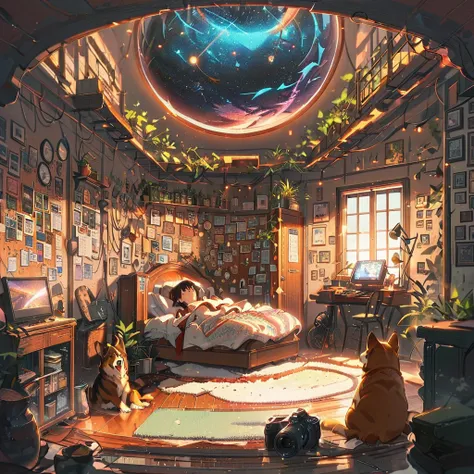 ((anime:1.4,illustration)),(masterpiece, top quality, best quality),(ultra-detailed, absolutely resolution),((16k, high res)),

(((Interior, small living room, Planetarium on the ceiling, boy and dog looking up))

((cosy lofi illustration:1.4)), ((anime:1....