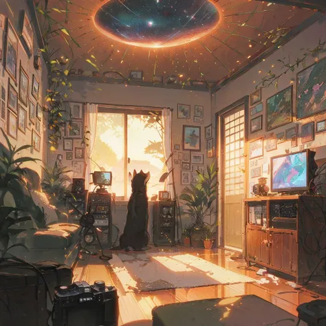 ((anime:1.4,illustration)),(masterpiece, top quality, best quality),(ultra-detailed, absolutely resolution),((16k, high res)),

(((Interior, small living room, Planetarium on the ceiling, boy and dog looking up))

((cosy lofi illustration:1.4)), ((anime:1....