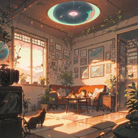 ((anime:1.4,illustration)),(masterpiece, top quality, best quality),(ultra-detailed, absolutely resolution),((16k, high res)),

(((Interior, small living room, Planetarium on the ceiling, boy and dog looking up))

((cosy lofi illustration:1.4)), ((anime:1....