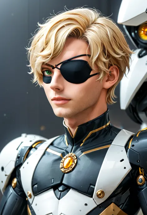 Arafed a picture of a human male spy, wearing dark suit, wearing ((mecha eye patch)), ((eye patch covering only one eye: 1.5))exquisite beautiful male, blond hair, short crop hair, green eyes, eye patch has intricate mechanical part in it, high society gal...