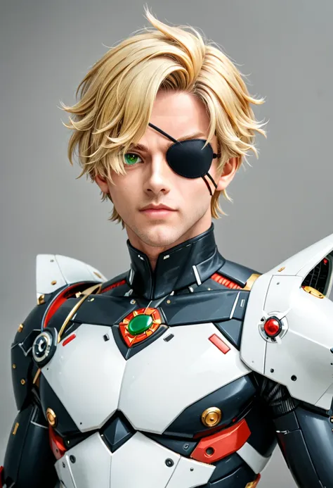 Arafed a picture of a human male spy, wearing dark suit, wearing ((mecha eye patch)), ((eye patch covering only one eye: 1.5))exquisite beautiful male, blond hair, short crop hair, green eyes, eye patch has intricate mechanical part in it, high society gal...