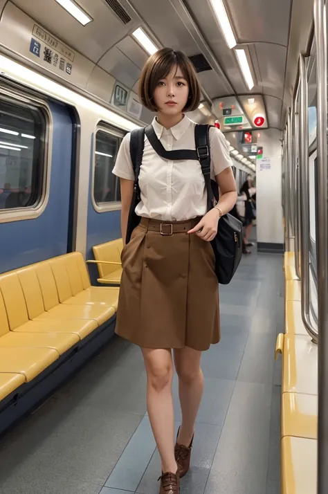 1woman, idol, bob cut, short hair, brown hair, camisole、Culottes skirt、 train, inside a train, grab a strap, 20s, office lady, carrying a backpack,