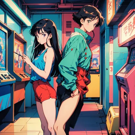 Retro arcade anime girl, 80年代のAnime atmosphere, 80s anime style, Retro Anime Girls, 1980s anime style, Retro anime images, Anime atmosphere, Playing games, smoking a cigarette, smoking